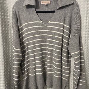 Philosophy V-Neck Sweater in Gray and Cream Stripes